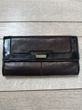 Kate Spade Black Leather Wallet Clutch – Snap Closure, Card Slots, Zip Coin